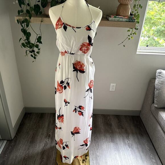 Volcom Floral Halter Maxi Dress XS White Orange Backless Boho, Resort, Beach - Picture 1 of 9